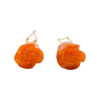 14K Yellow Gold Carved Baltic Amber Rose Dangle Earrings, Eastern European