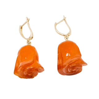 14K Yellow Gold Carved Baltic Amber Rose Dangle Earrings, Eastern European