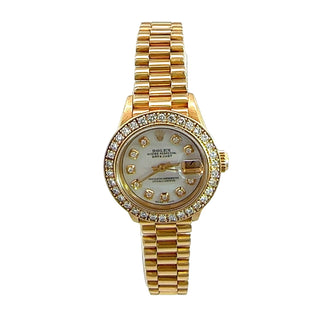 Rolex Ladies 18K Yellow Gold President Datejust Watch With Diamond Bezel & Mother Of Pearl Dial