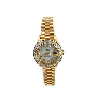 Rolex Ladies 18K Yellow Gold President Datejust Watch With Diamond Bezel & Mother Of Pearl Dial