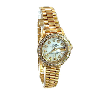 Rolex Ladies 18K Yellow Gold President Datejust Watch With Diamond Bezel & Mother Of Pearl Dial