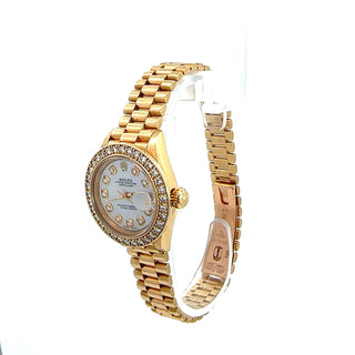 Rolex Ladies 18K Yellow Gold President Datejust Watch With Diamond Bezel & Mother Of Pearl Dial