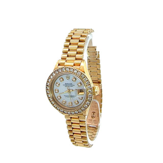 Rolex Ladies 18K Yellow Gold President Datejust Watch With Diamond Bezel & Mother Of Pearl Dial
