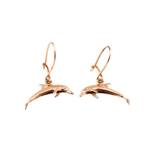 14K Yellow Gold Dolphin 1 Inch Dangle Earrings Beach Ocean Jewelry