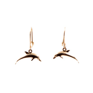 14K Yellow Gold Dolphin 1 Inch Dangle Earrings Beach Ocean Jewelry