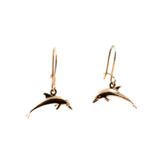 14K Yellow Gold Dolphin 1 Inch Dangle Earrings Beach Ocean Jewelry