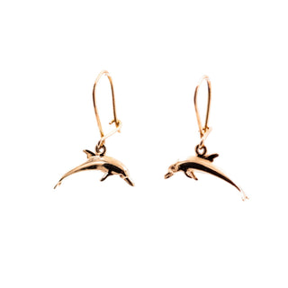 14K Yellow Gold Dolphin 1 Inch Dangle Earrings Beach Ocean Jewelry