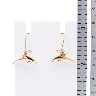 14K Yellow Gold Dolphin 1 Inch Dangle Earrings Beach Ocean Jewelry
