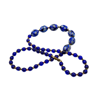 Vintage Blue Millefiori & Cobalt Blue Silver Foil Beaded Necklace 25 Inches