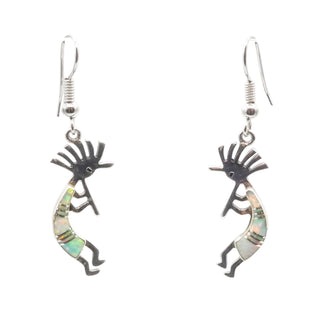 Vintage Native American Kokopelli Opal Inlay Dangle Earrings Sterling Silver