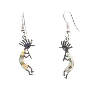 Vintage Native American Kokopelli Opal Inlay Dangle Earrings Sterling Silver