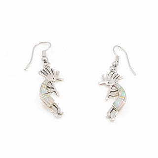 Vintage Native American Kokopelli Opal Inlay Dangle Earrings Sterling Silver