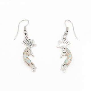 Vintage Native American Kokopelli Opal Inlay Dangle Earrings Sterling Silver