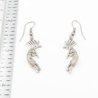 Vintage Native American Kokopelli Opal Inlay Dangle Earrings Sterling Silver