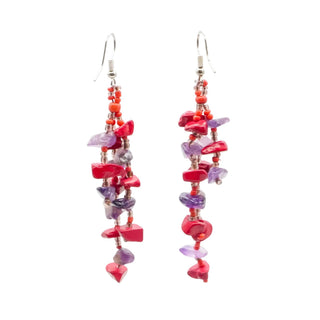 Amethyst Red Coral Chip Dangle Earrings 3.25" Silver Tone Long Drop
