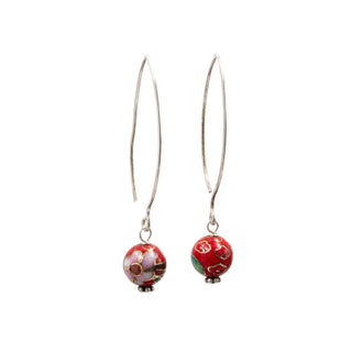 Sterling Silver 2 Inch Red Cloisonné Flower Dangle Earrings