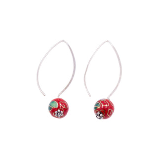 Sterling Silver 2 Inch Red Cloisonné Flower Dangle Earrings