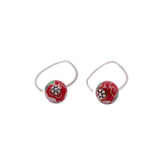 Sterling Silver 2 Inch Red Cloisonné Flower Dangle Earrings