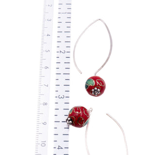 Sterling Silver 2 Inch Red Cloisonné Flower Dangle Earrings