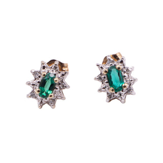 Emerald 14K Yellow Gold Diamond Halo Floral 10 x 9mm Stud Earrings