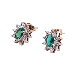 Emerald 14K Yellow Gold Diamond Halo Floral 10 x 9mm Stud Earrings