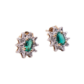 Emerald 14K Yellow Gold Diamond Halo Floral 10 x 9mm Stud Earrings