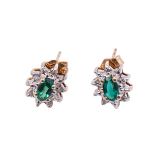 Emerald 14K Yellow Gold Diamond Halo Floral 10 x 9mm Stud Earrings