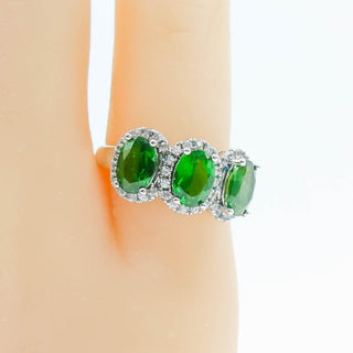 Chrome Diopside and White Topaz Three Stone Ring Sterling Silver Size 5