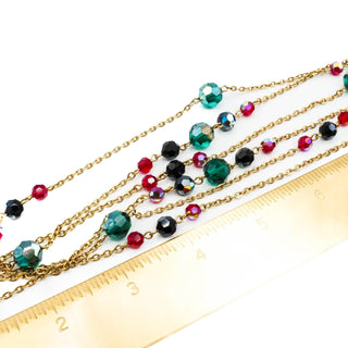 Vintage Gold Plated Green Red Black AB Crystal Necklace Size 60 Inches