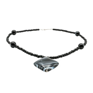 Black Striped Agate Beaded Necklace – 17 Inches