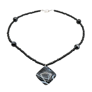 Black Striped Agate Beaded Necklace – 17 Inches