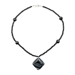 Black Striped Agate Beaded Necklace – 17 Inches