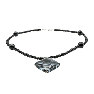 Black Striped Agate Beaded Necklace – 17 Inches