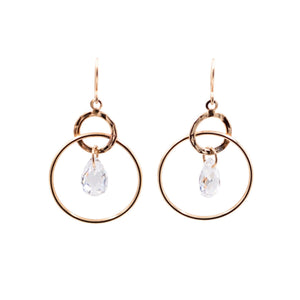 14K Yellow Gold CZ Circle 1 1/4 Inch Dangle Earrings Modern Minimalist