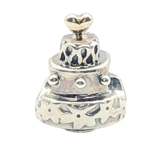 Pandora Celebration Cake Sterling Silver Charm Wedding Birthday Cake Bead With 14K Gold Heart