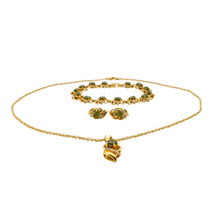 Vintage Gold Plated Faux Jade and Diamond Necklace, Bracelet, Earrings Set