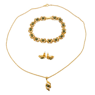 Vintage Gold Plated Faux Jade and Diamond Necklace, Bracelet, Earrings Set