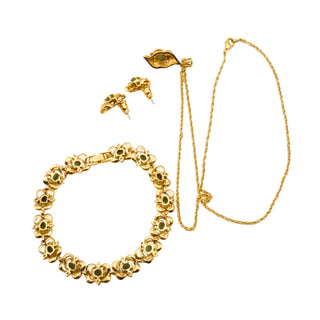 Vintage Gold Plated Faux Jade and Diamond Necklace, Bracelet, Earrings Set