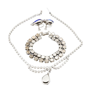 Vintage Royal Blue Rhinestone Parure Necklace, Bracelet and Earrings