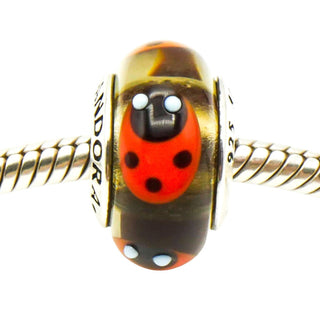 Pandora Rare Retired Red Ladybugs Murano Glass Sterling Silver Charm