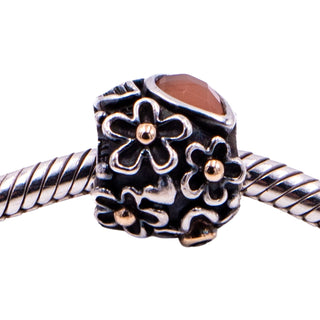 Pandora Rare Retired Dew Drops on Flowers Sterling Silver 14K Gold Moonstone Onyx Charm