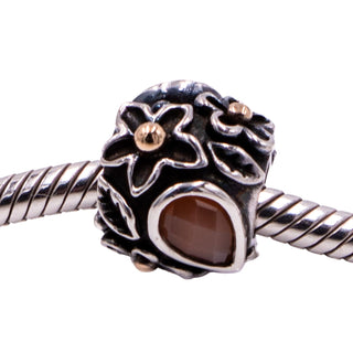 Pandora Rare Retired Dew Drops on Flowers Sterling Silver 14K Gold Moonstone Onyx Charm