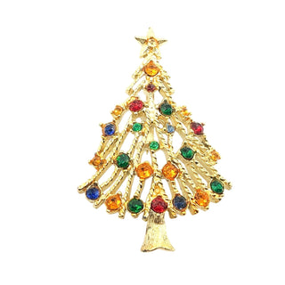 Vintage Gold Tone Christmas Tree Brooch With Rhinestone Ornaments and Star Topper