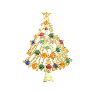 Vintage Gold Tone Christmas Tree Brooch With Rhinestone Ornaments and Star Topper
