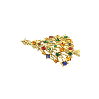 Vintage Gold Tone Christmas Tree Brooch With Rhinestone Ornaments and Star Topper