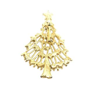 Vintage Gold Tone Christmas Tree Brooch With Rhinestone Ornaments and Star Topper