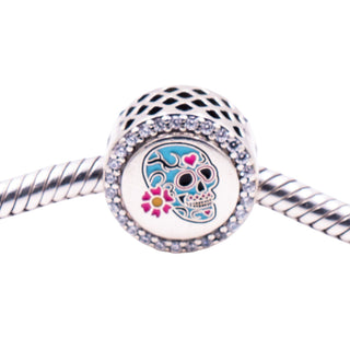 Pandora Day of the Dead Blue Sugar Skull Sterling Silver CZ Enamel Charm