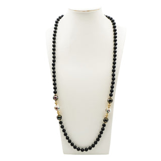 Vintage Black Onyx 12K Yellow Gold and Cloisonné Bead Necklace 31 Inches
