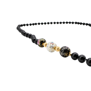 Vintage Black Onyx 12K Yellow Gold and Cloisonné Bead Necklace 31 Inches