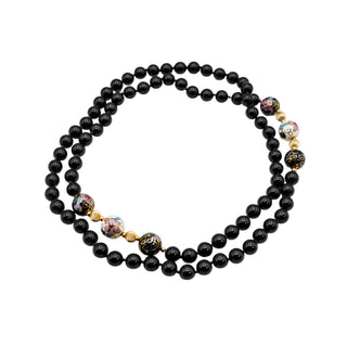 Vintage Black Onyx 12K Yellow Gold and Cloisonné Bead Necklace 31 Inches